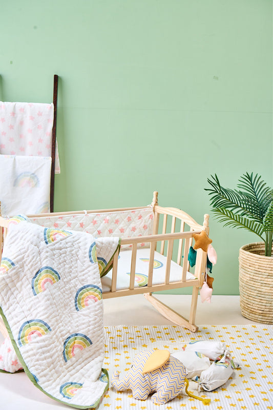 Reversible Muslin Baby Bedding Essentials Set in in Rainbow Print