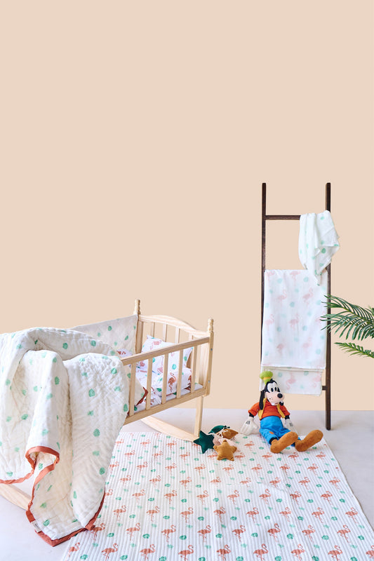 Reversible Muslin Baby Bedding Essentials Set in Flamingo And The Leaves Print