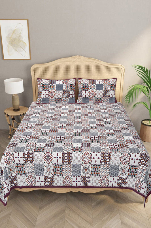 Beautifully Hand Crafted Moroccan Collection of Premium Sheets and Linens - Marrakesh Collection - Maroon Marikesh Square Printed Double Bed Sheet with 2 Pillow Covers