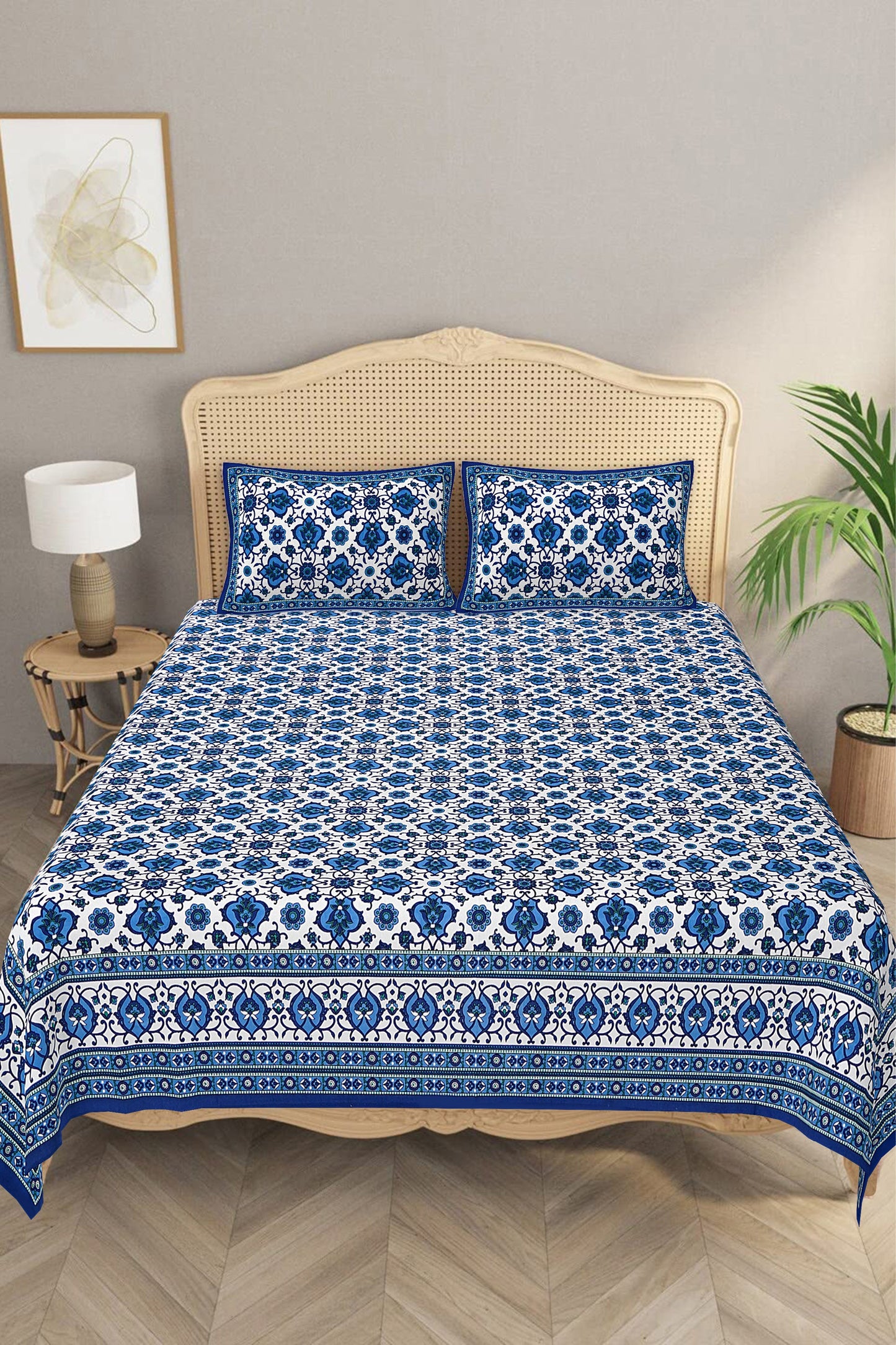 Beautifully Hand Crafted Moroccan Collection of Premium Sheets and Linens - Marrakesh Collection - Blue Marikesh Double Bed Sheet with 2 Pillow Covers