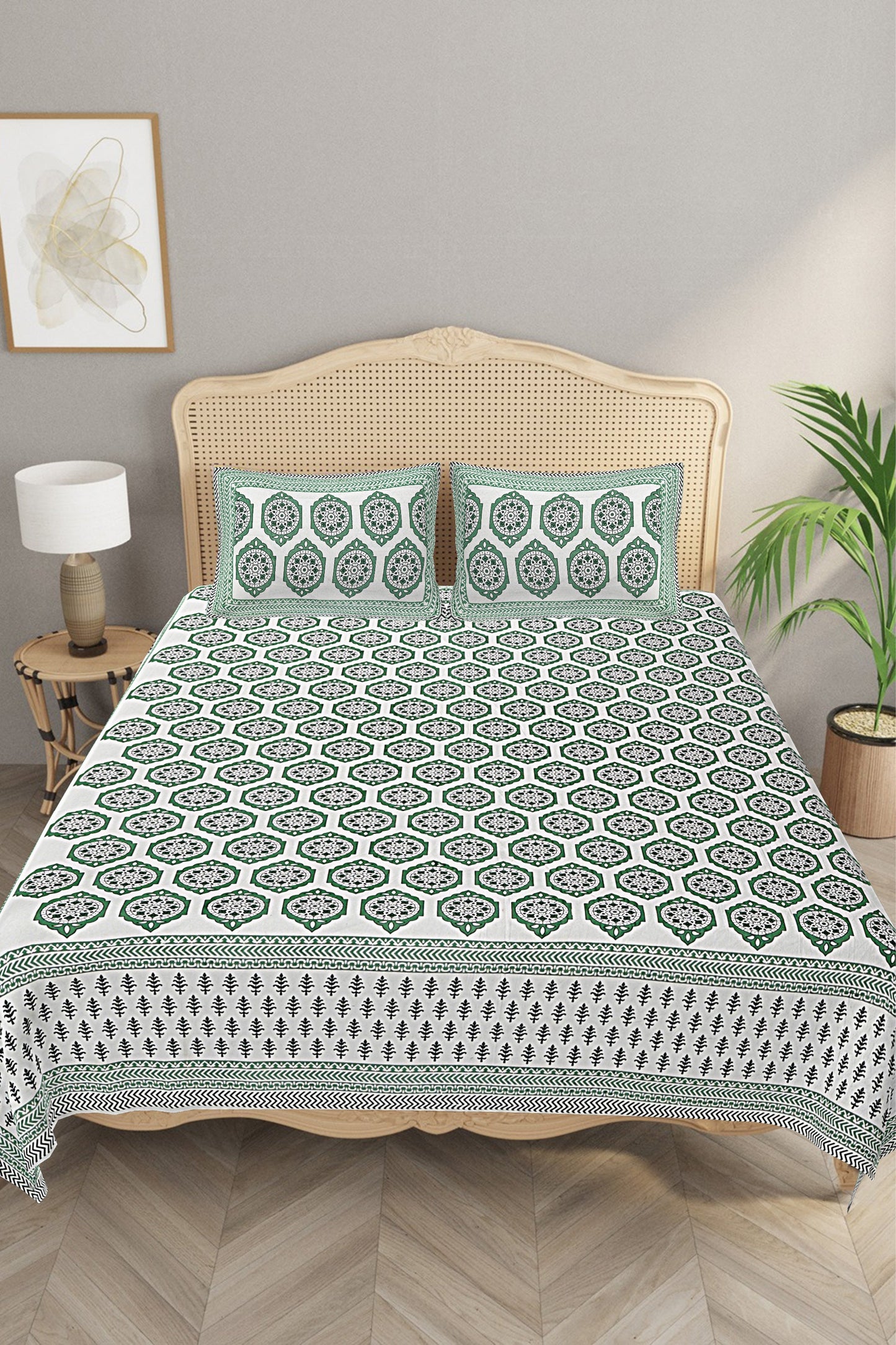 Ethnic Motifs - Designs from Mughal Gardens - Handcrafted Double Bed Sheet with 2 Pillow Covers - Jaal Green