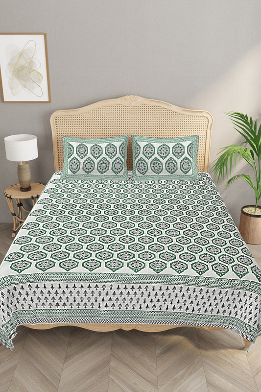 Ethnic Motifs - Designs from Mughal Gardens - Handcrafted Double Bed Sheet with 2 Pillow Covers - Jaal Green