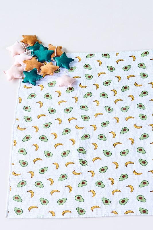 Reversible Muslin Baby Play Mat in Avocado and Banana Print