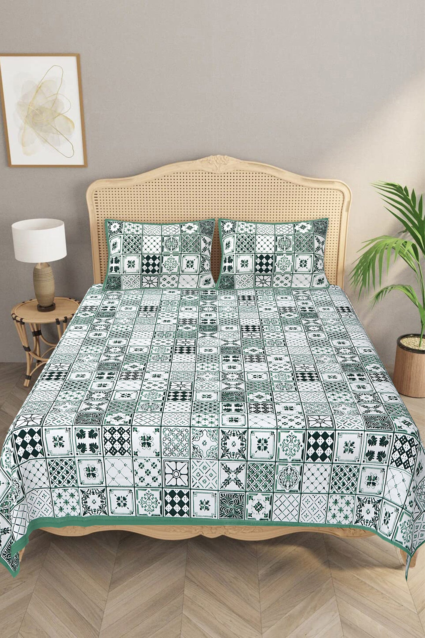 Beautifully Hand Crafted Moroccan Collection of Premium Sheets and Linens - Marrakesh Collection - Green Square Marikesh Double Bed Sheet with 2 Pillow Covers
