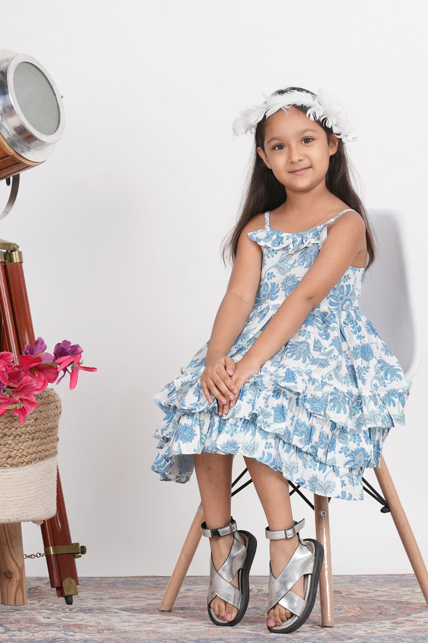 Dua Dress - Blue And White Cotton Hand Block Printed Baby Girl Dress