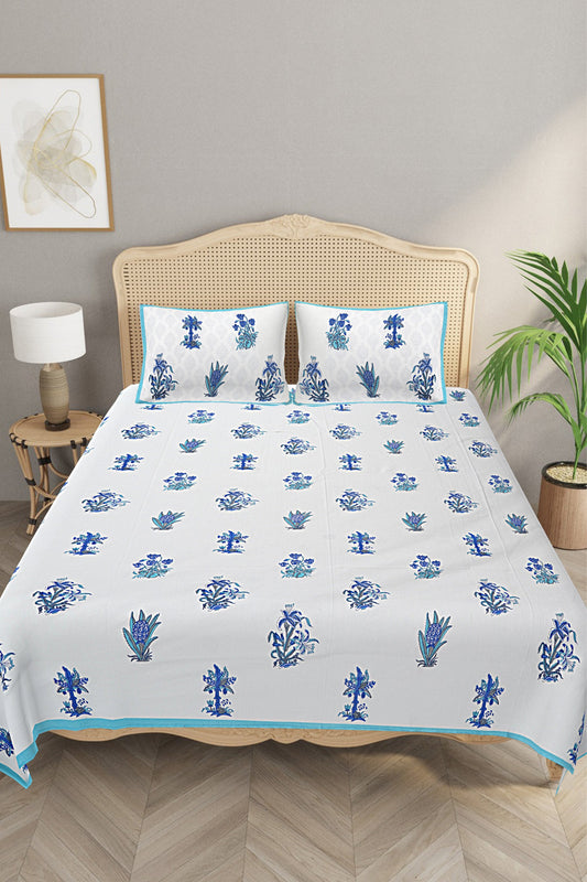 Ethnic Motifs - Designs from Mughal Gardens - Handcrafted Double Bed Sheet with 2 Pillow Covers - Buta Blue