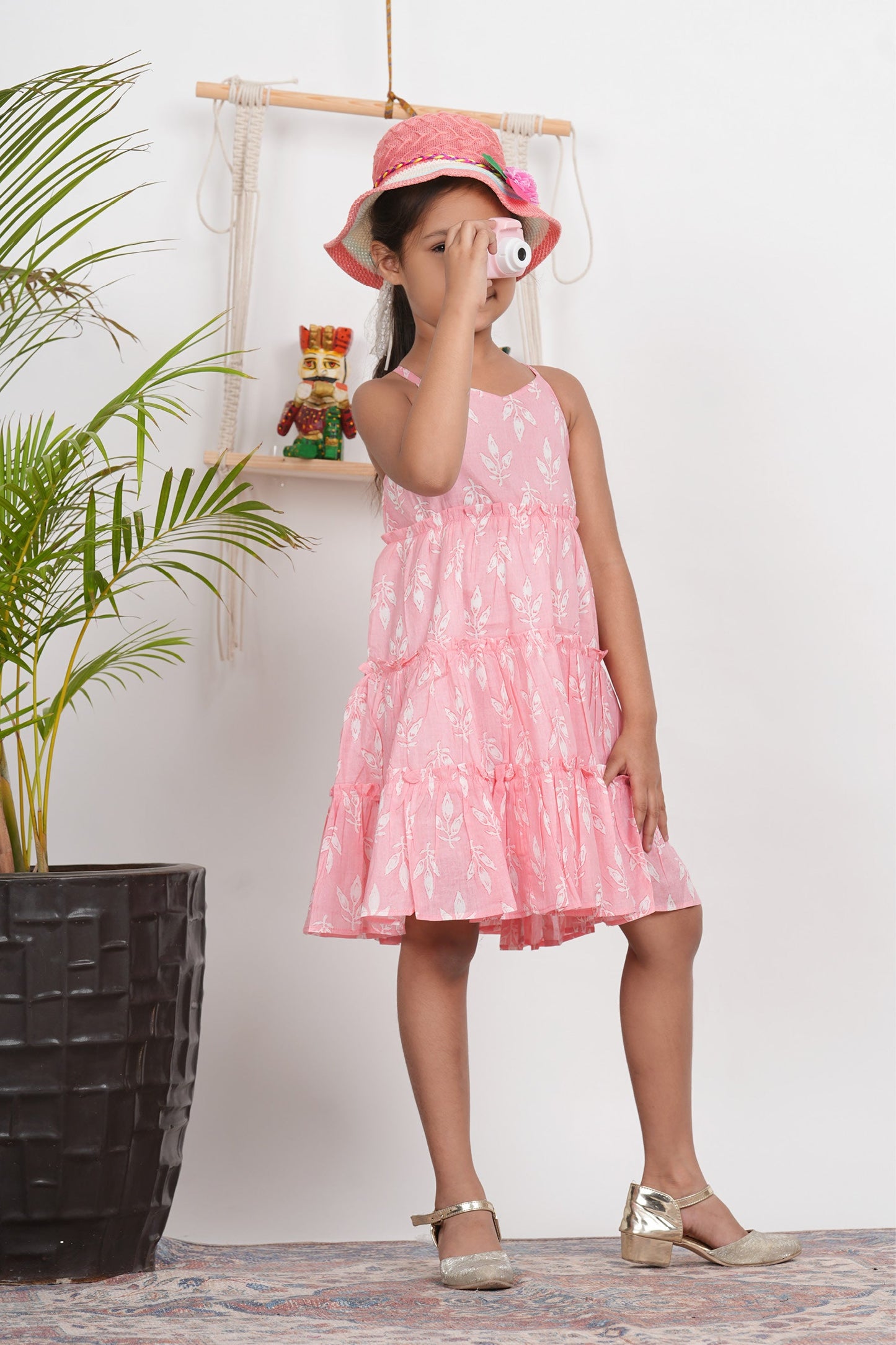 Anna Dress - Pink And White Cotton Block Printed Cotton Baby Girl Dress