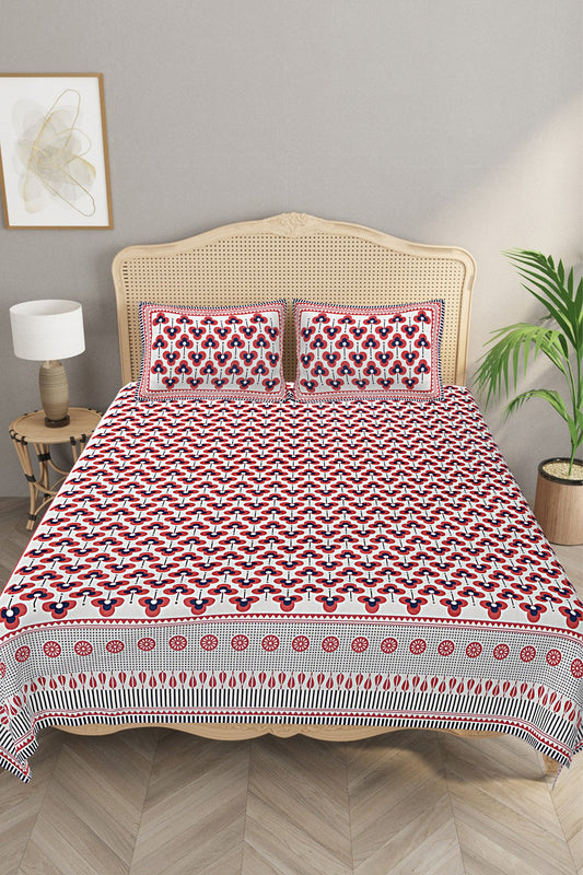 Handcrafted Morrocan Collection of Premium Sheets and Linens -  Bed Sheet with 2 Pillow Covers - Flowar Red