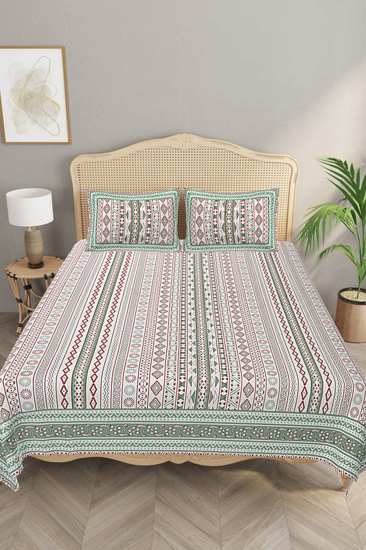 Handcrafted Morrocan Collection of Premium Sheets and Linens -  Bed Sheet with 2 Pillow Covers - Flowar Green