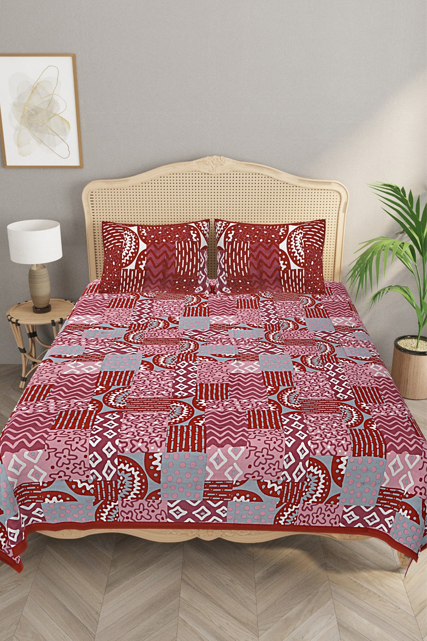 Handcrafted Morrocan Collection of Premium Sheets and Linens -  Bed Sheet with 2 Pillow Covers - Dai Red