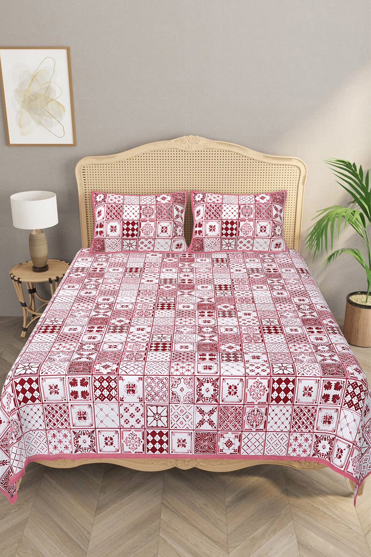 Beautifully Hand Crafted Moroccan Collection of Premium Sheets and Linens - Marrakesh Collection - Red Square Marikesh Double Bed Sheet with 2 Pillow Covers