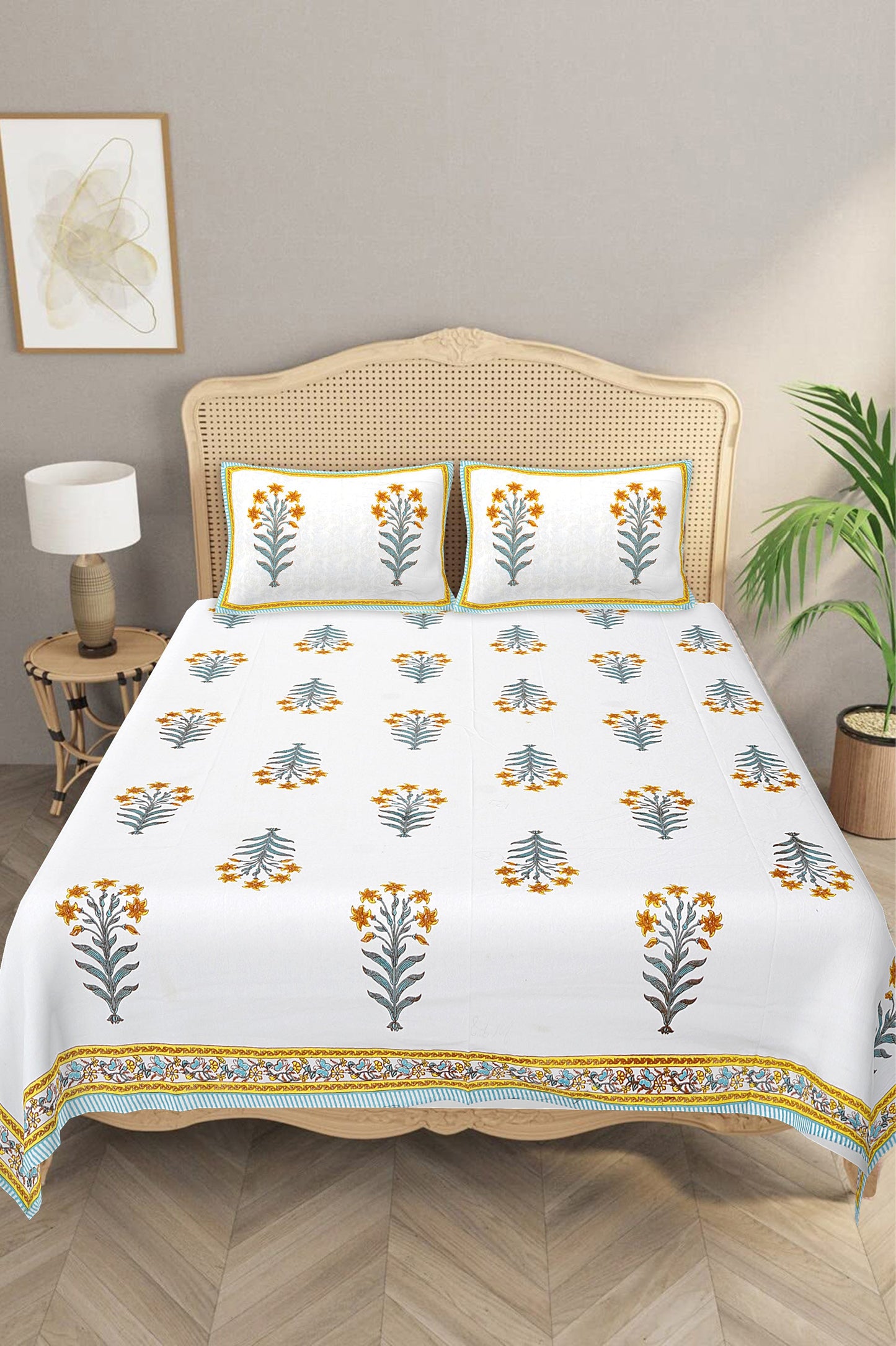 Beautiful Ethnic Motifs - Designs from Mughal Gardens - Handcrafted Yellow Mughal Printed Double Bed Sheet with 2 Pillow Covers