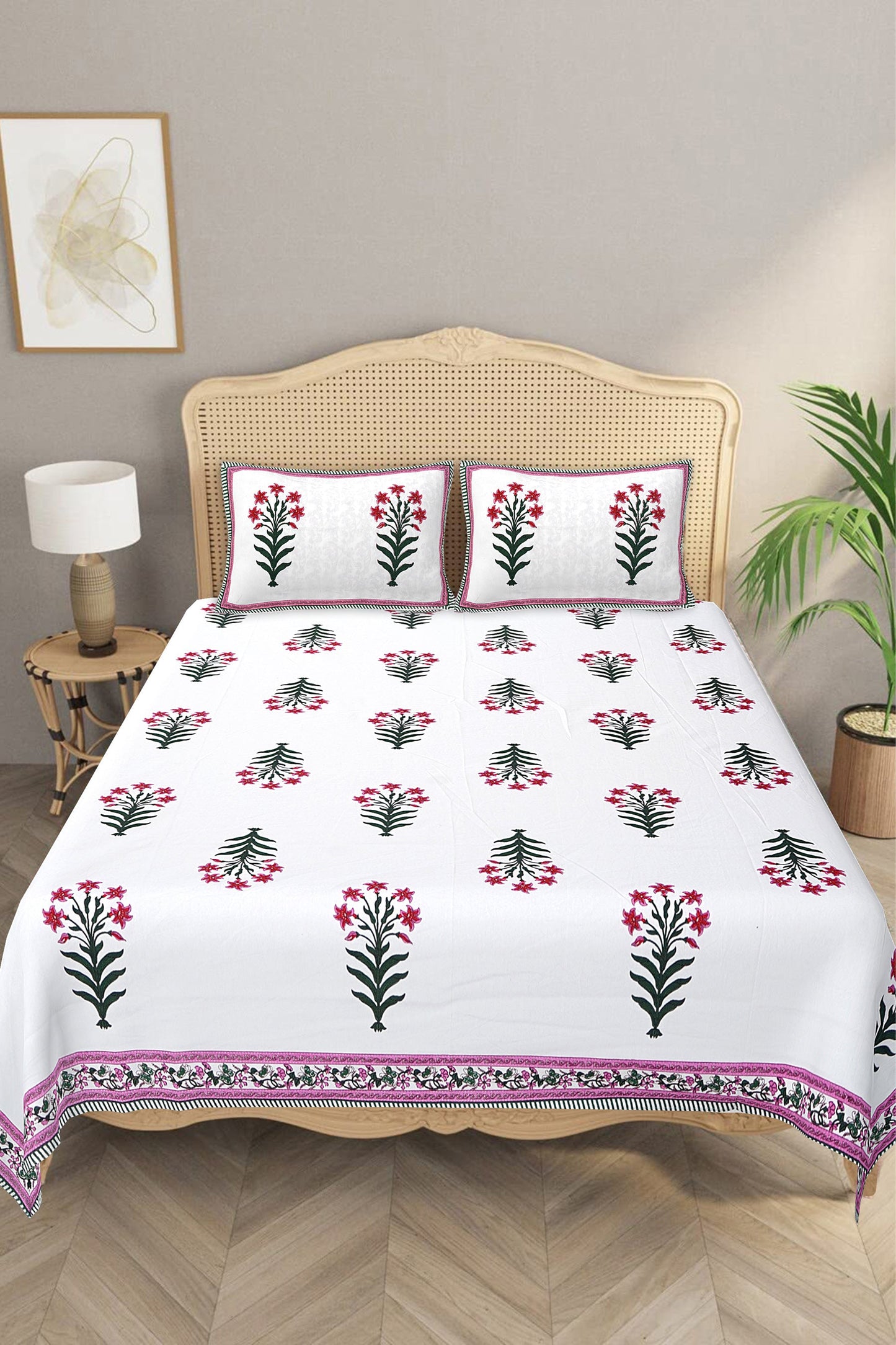 Beautiful Ethnic Motifs - Designs from Mughal Gardens - Handcrafted Pink Mughal Printed Double Bed Sheet with 2 Pillow Covers