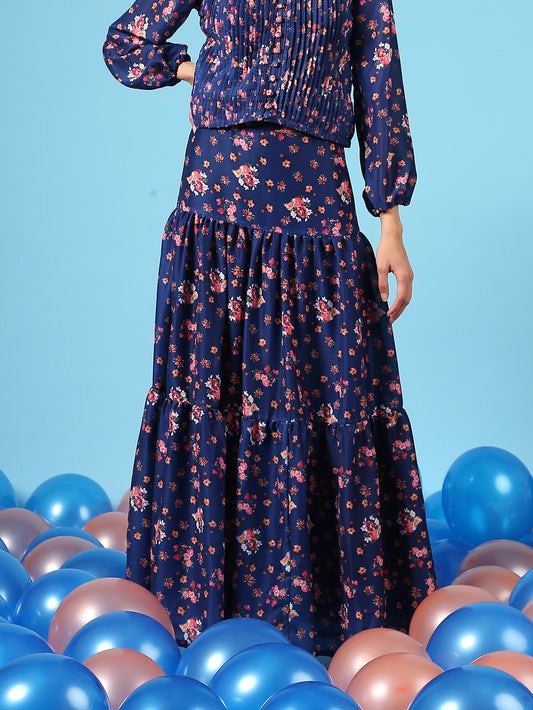 Bouquet On Blue Skirt - Blue Digital Printed Cotton Silk Tiered Skirt