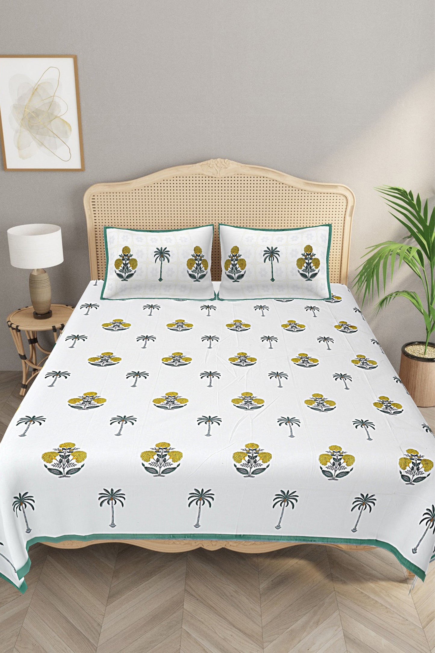 Ethnic Motifs - Designs from Mughal Gardens - Handcrafted Double Bed Sheet with 2 Pillow Covers - Genda Green