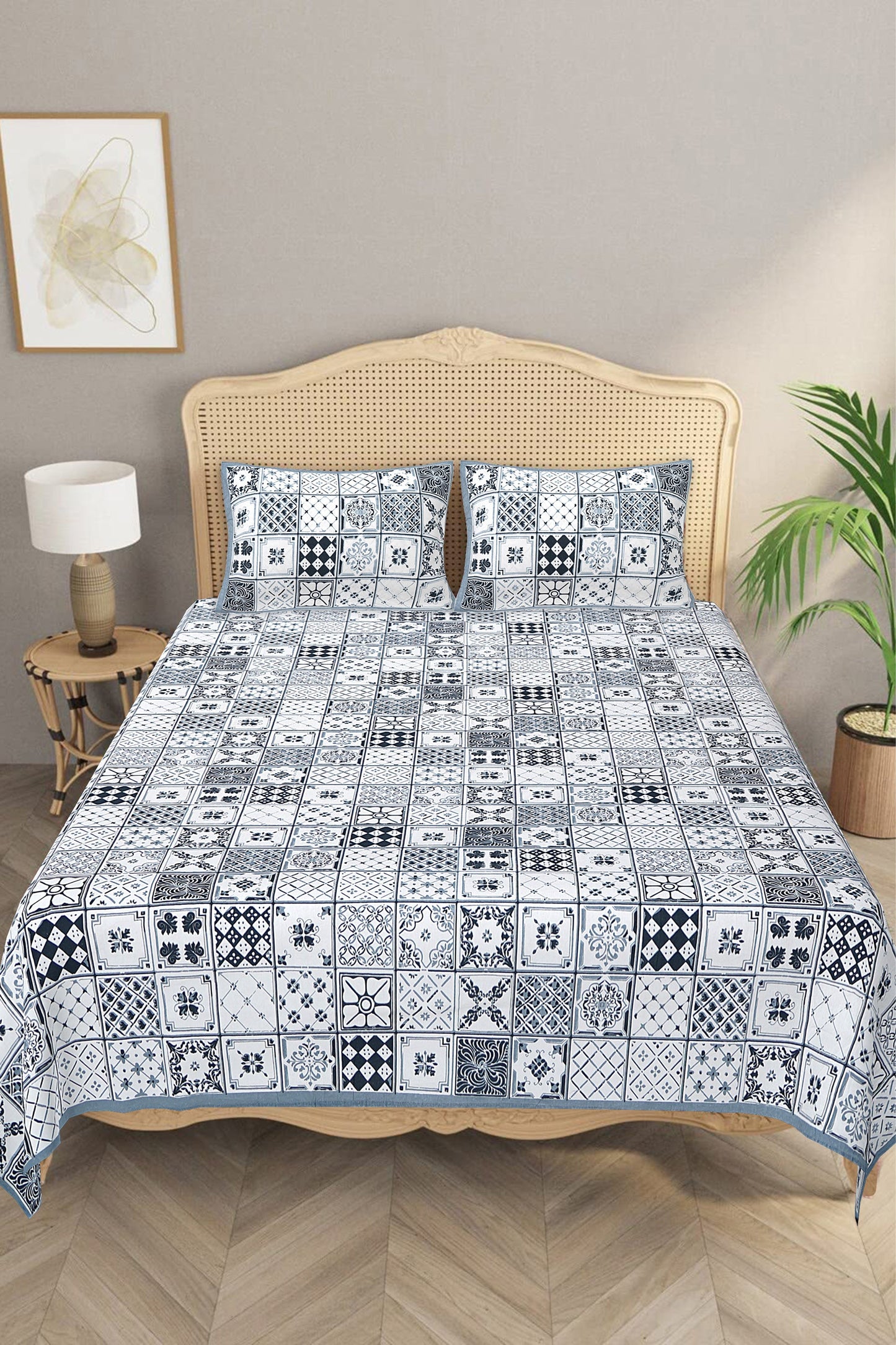Beautifully Hand Crafted Moroccan Collection of Premium Sheets and Linens - Marrakesh Collection - Grey Square Marikesh Double Bed Sheet with 2 Pillow Covers