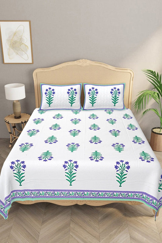 Beautiful Ethnic Motifs - Designs from Mughal Gardens - Handcrafted Purple Mughal Printed Double Bed Sheet with 2 Pillow Covers