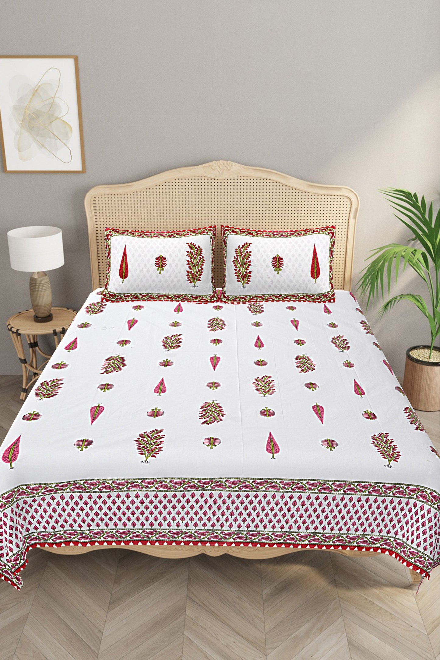 Ethnic Motifs - Designs from Mughal Gardens - Handcrafted Double Bed Sheet with 2 Pillow Covers - Teer Red