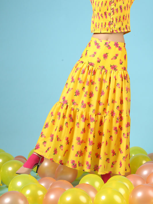 Rose Sunshine Skirt - Yellow Digital Printed Cotton Silk Tiered Skirt