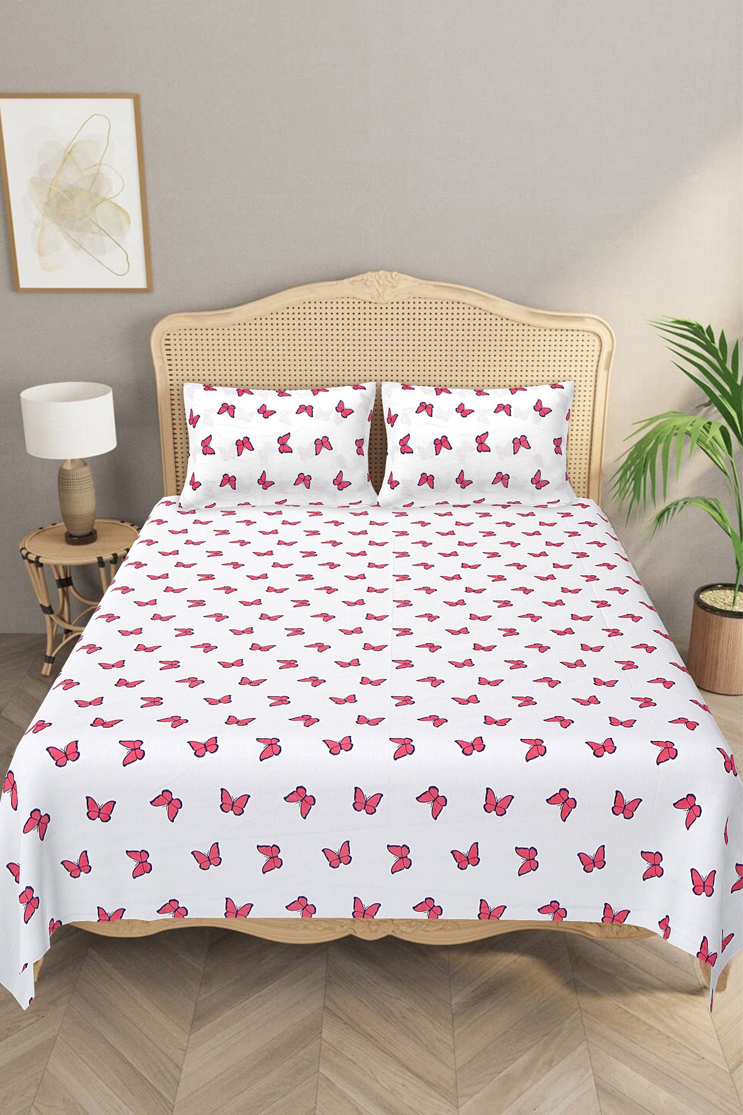 Kids Cotton Bedroom Linens - Double Sheet with 2 Pillow Covers in Red Butterfly Print - King Size Bed