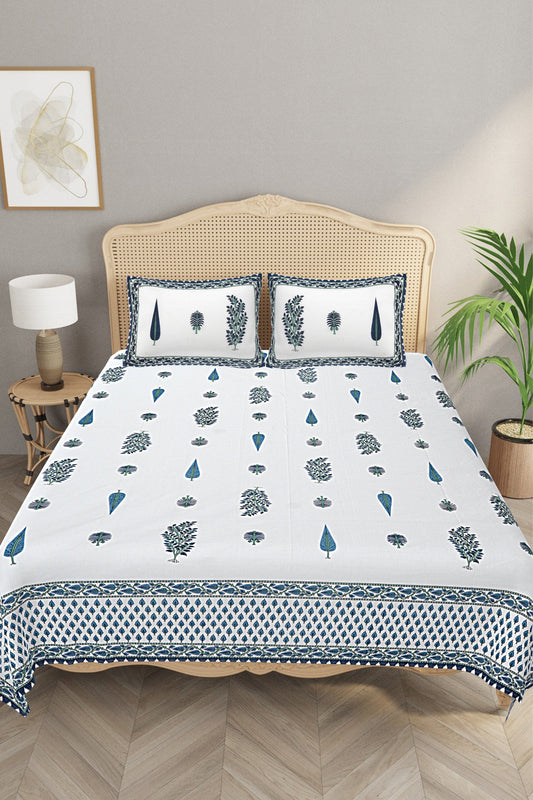 Ethnic Motifs - Designs from Mughal Gardens - Handcrafted Double Bed Sheet with 2 Pillow Covers - Teer Blue