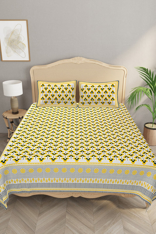 Handcrafted Morrocan Collection of Premium Sheets and Linens -  Bed Sheet with 2 Pillow Covers - Flowar Yellow