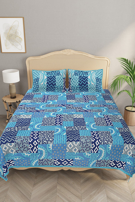 Handcrafted Morrocan Collection of Premium Sheets and Linens - Double Bed Sheet with 2 Pillow Covers - Dai Blue