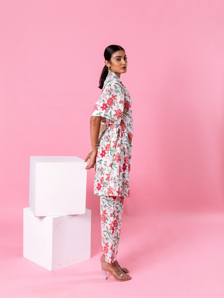 Pink Dahlia Kimono Co-Ord - Hand Block Printed Co-Ord Set