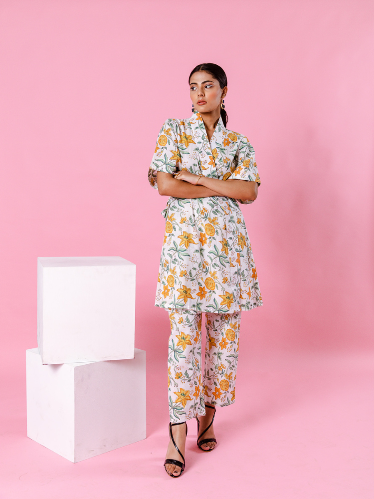 Yellow Dahlia Kimono Co-Ord - Hand Block Printed Co-Ord Set