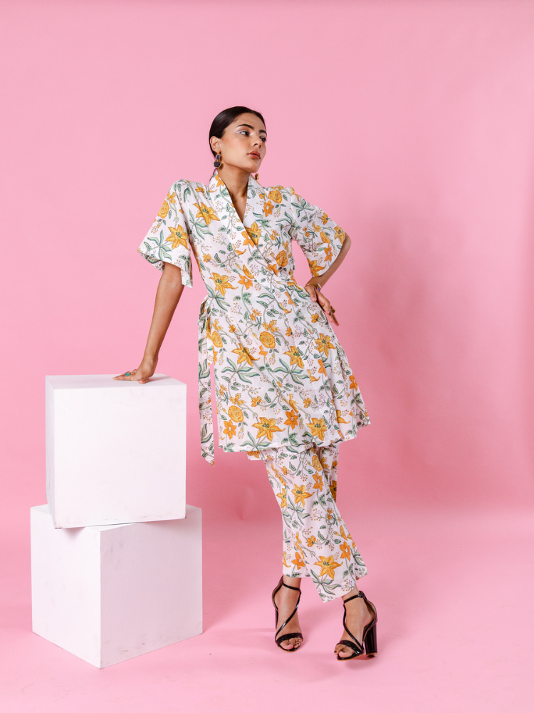 Yellow Dahlia Kimono Co-Ord - Hand Block Printed Co-Ord Set