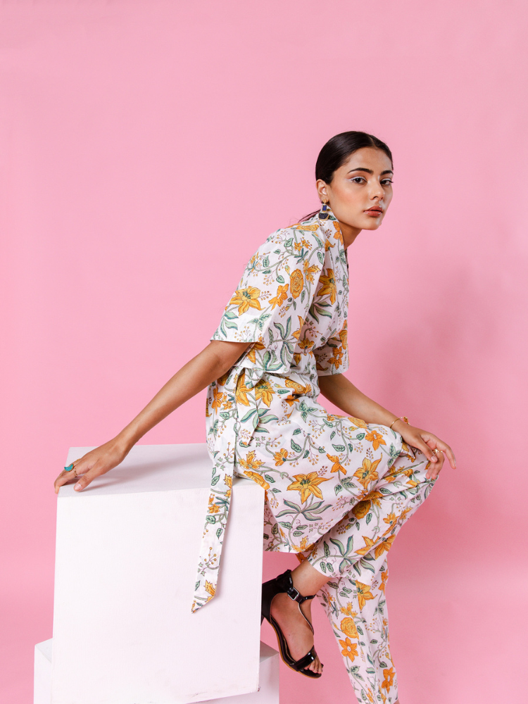 Yellow Dahlia Kimono Co-Ord - Hand Block Printed Co-Ord Set