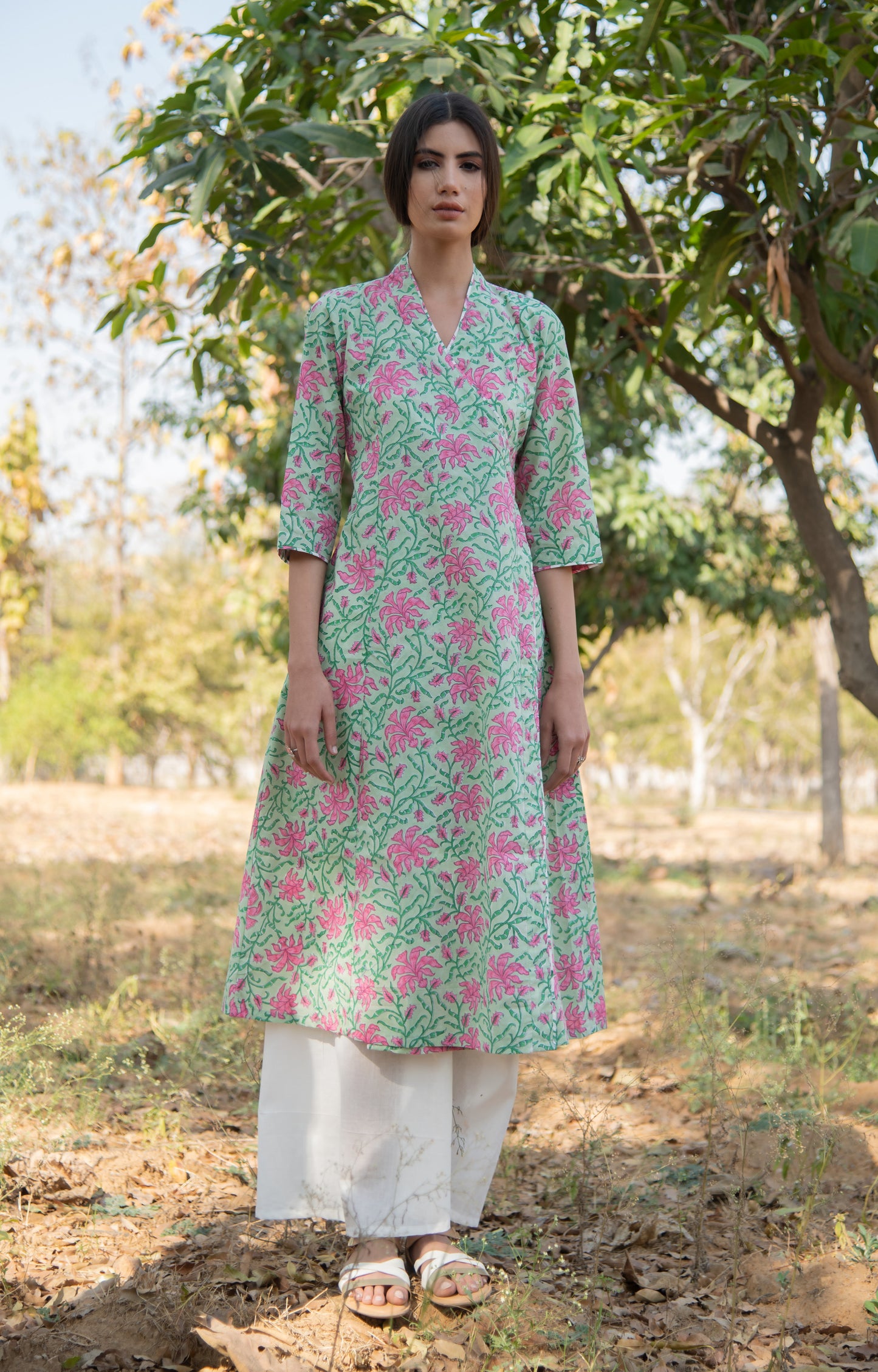 Green Gardenia Wrap Dress - Green Pink Hand Block Printed Cotton Wrap Dress