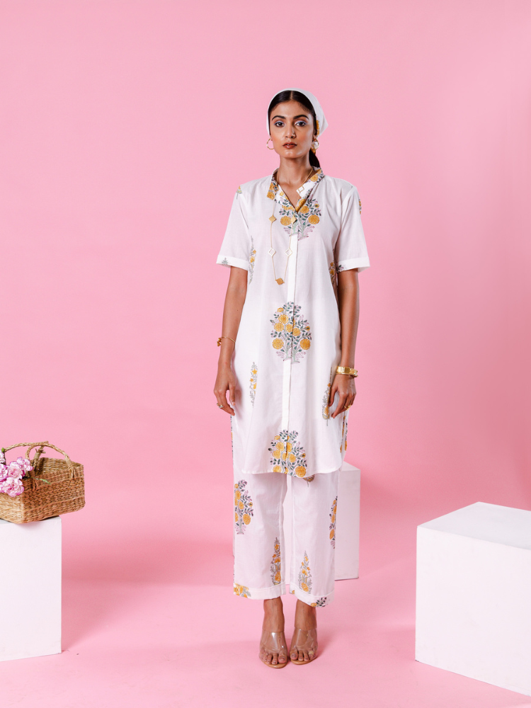 Yellow Dahlia Co-Ord Set - Hand Block Printed Co-Ord Set