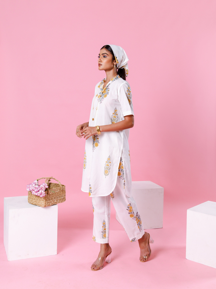 Yellow Dahlia Co-Ord Set - Hand Block Printed Co-Ord Set