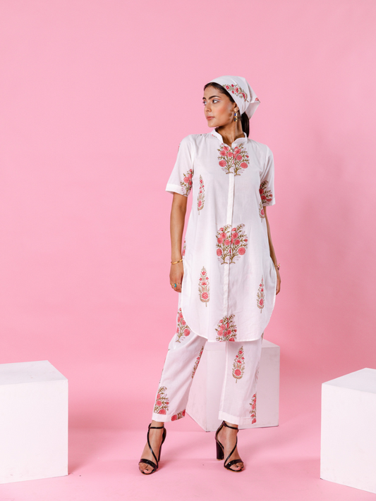 Pink Dahlia Co-Ord Set - Hand Block Printed Co-Ord Set