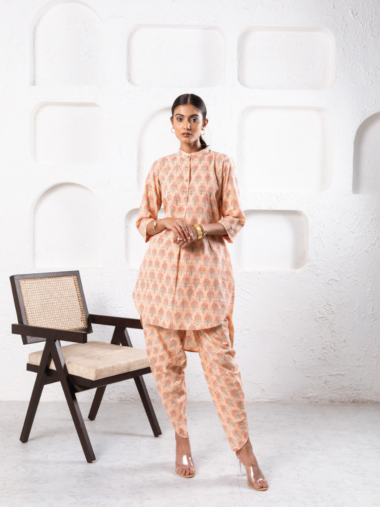 Peach Pansy Dhoti Co-Ord - Hand Block Printed Co-Ord Set