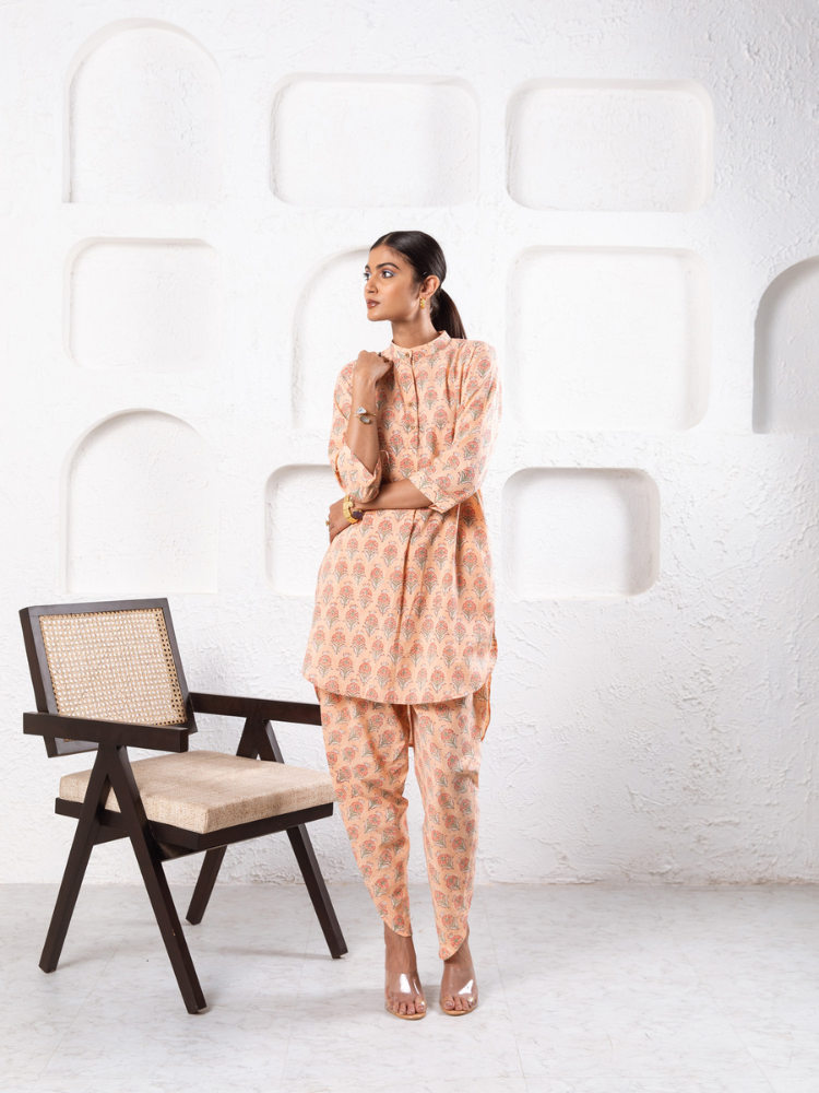 Peach Pansy Dhoti Co-Ord - Hand Block Printed Co-Ord Set