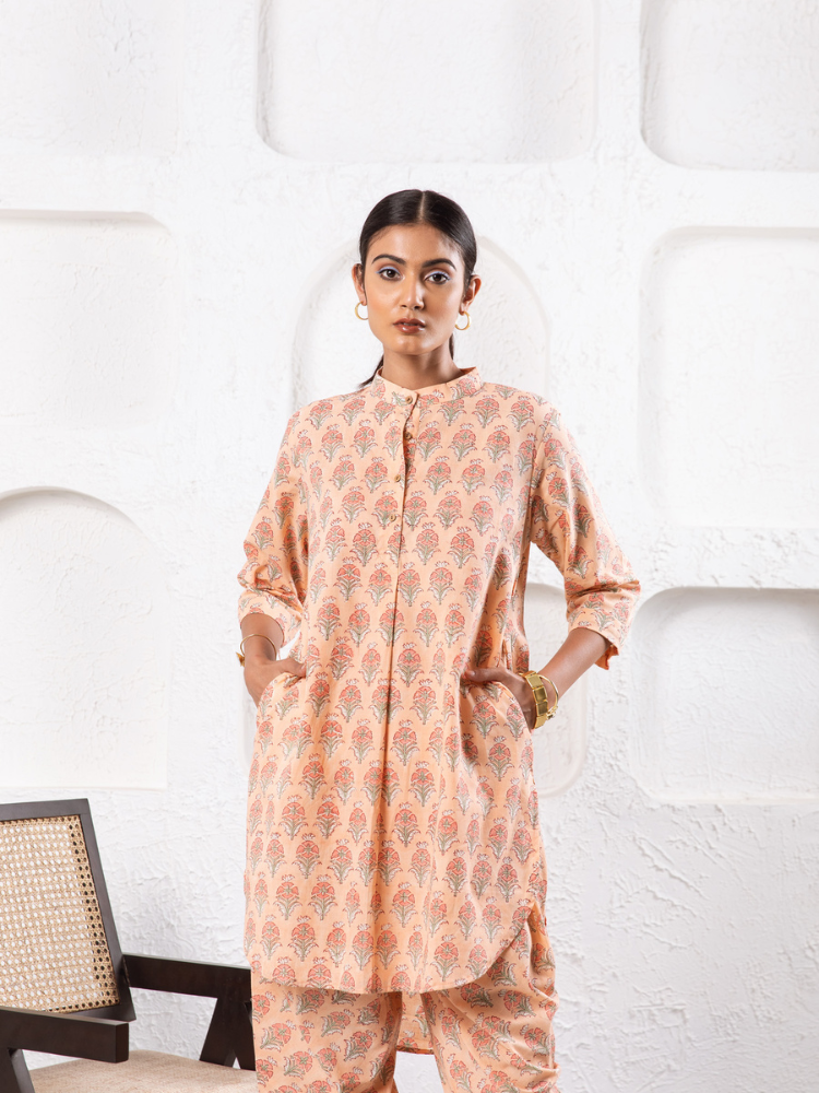 Peach Pansy Dhoti Co-Ord - Hand Block Printed Co-Ord Set