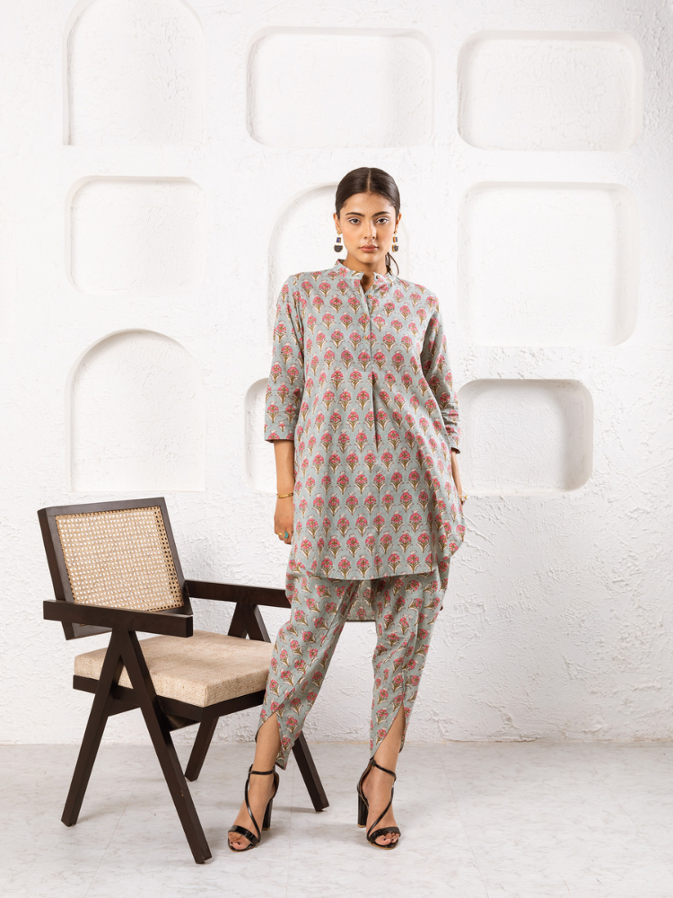 Pink Pansy Dhoti Co-Ord - Hand Block Printed Co-Ord Set