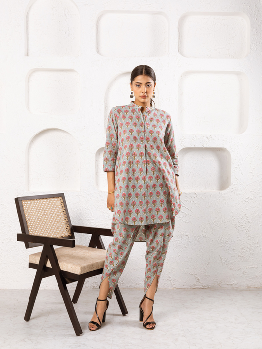 Pink Pansy Dhoti Co-Ord - Hand Block Printed Co-Ord Set