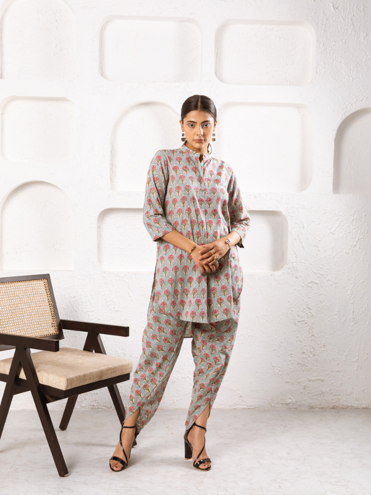 Pink Pansy Dhoti Co-Ord - Hand Block Printed Co-Ord Set