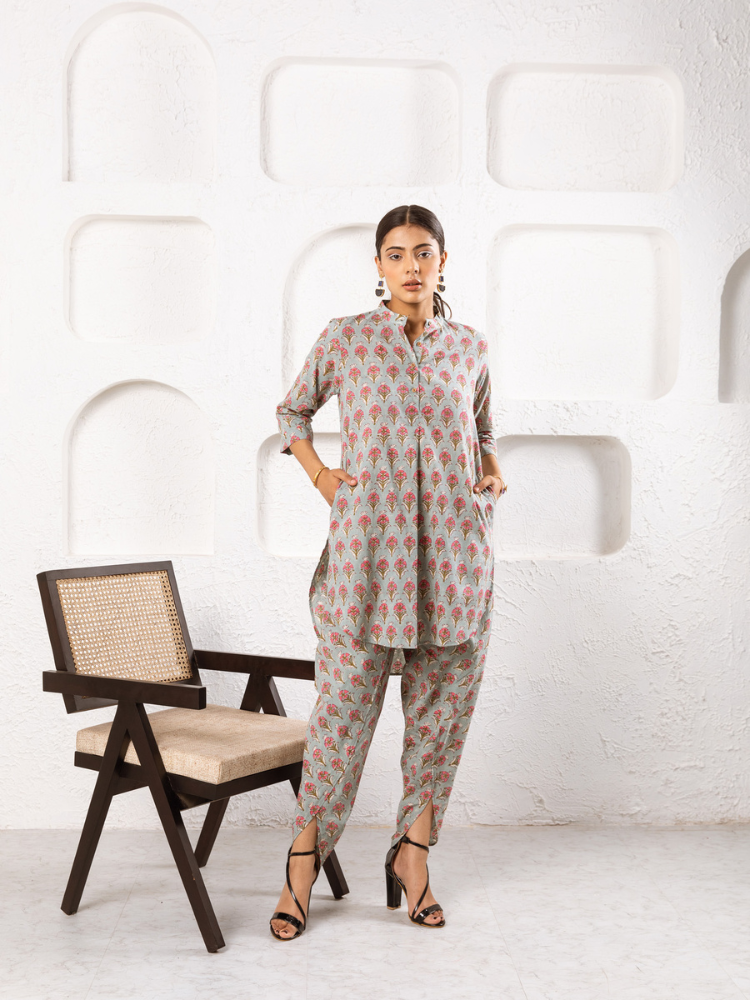 Pink Pansy Dhoti Co-Ord - Hand Block Printed Co-Ord Set