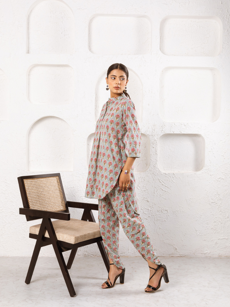 Pink Pansy Dhoti Co-Ord - Hand Block Printed Co-Ord Set