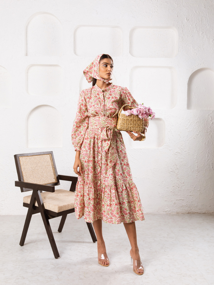 Pink Abbey Garden Dress - Hand Block Printed Midi Dress