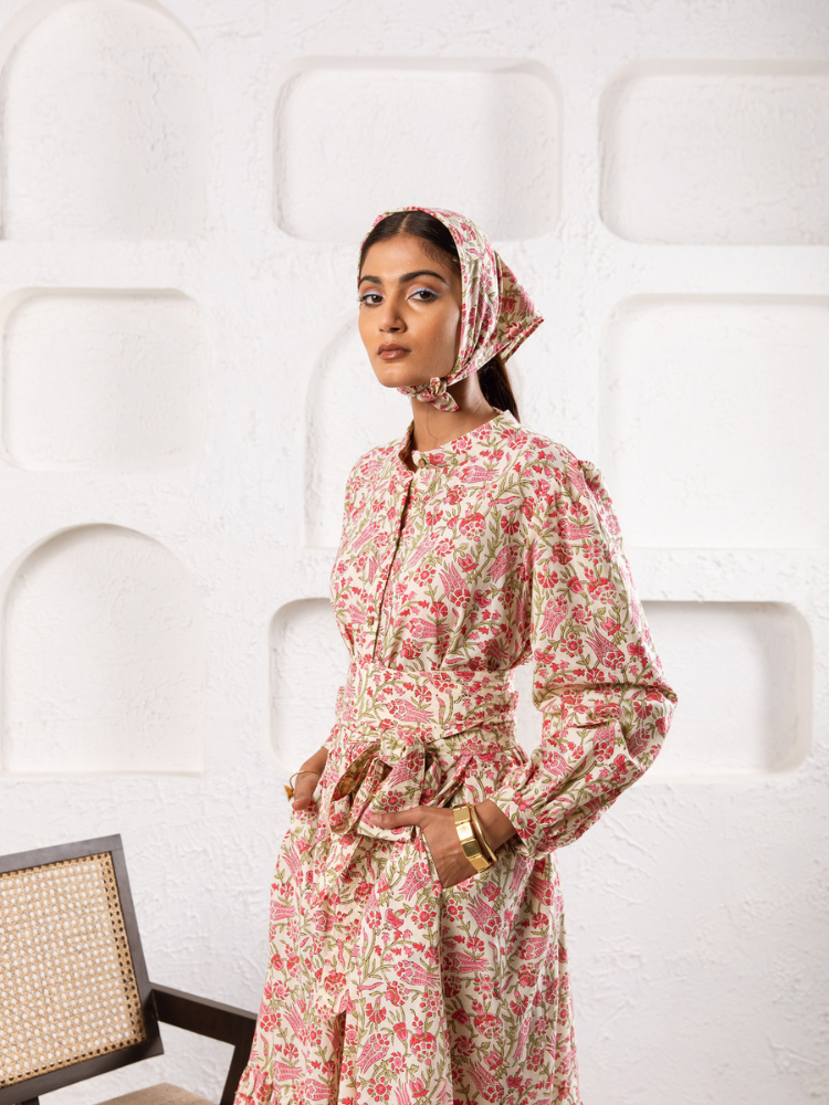 Pink Abbey Garden Dress - Hand Block Printed Midi Dress