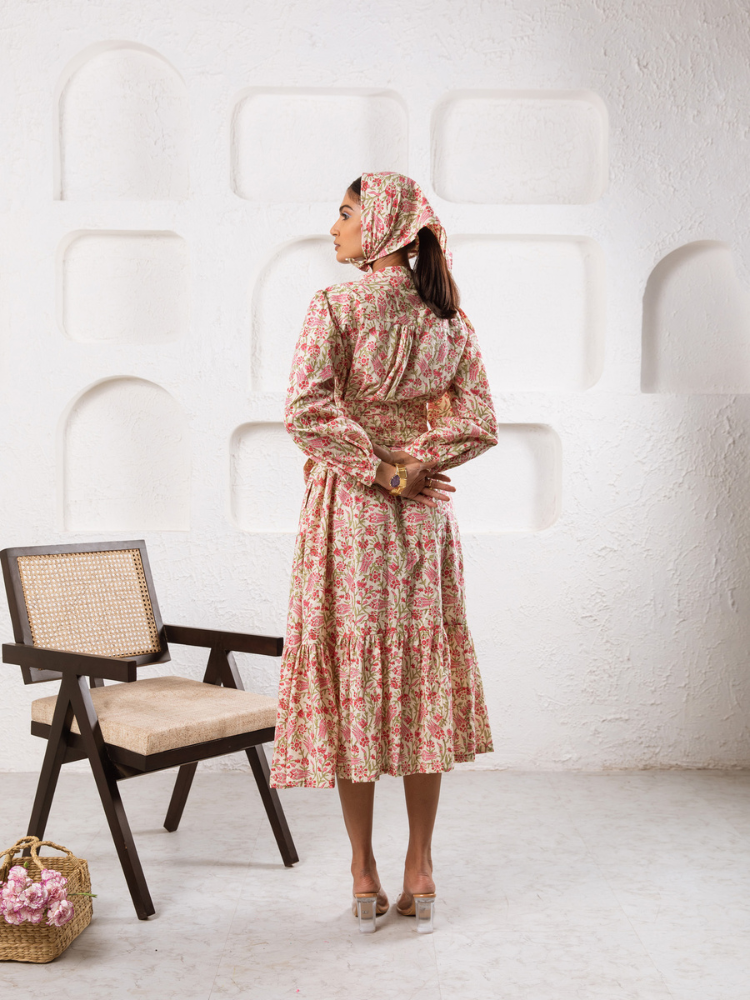 Pink Abbey Garden Dress - Hand Block Printed Midi Dress