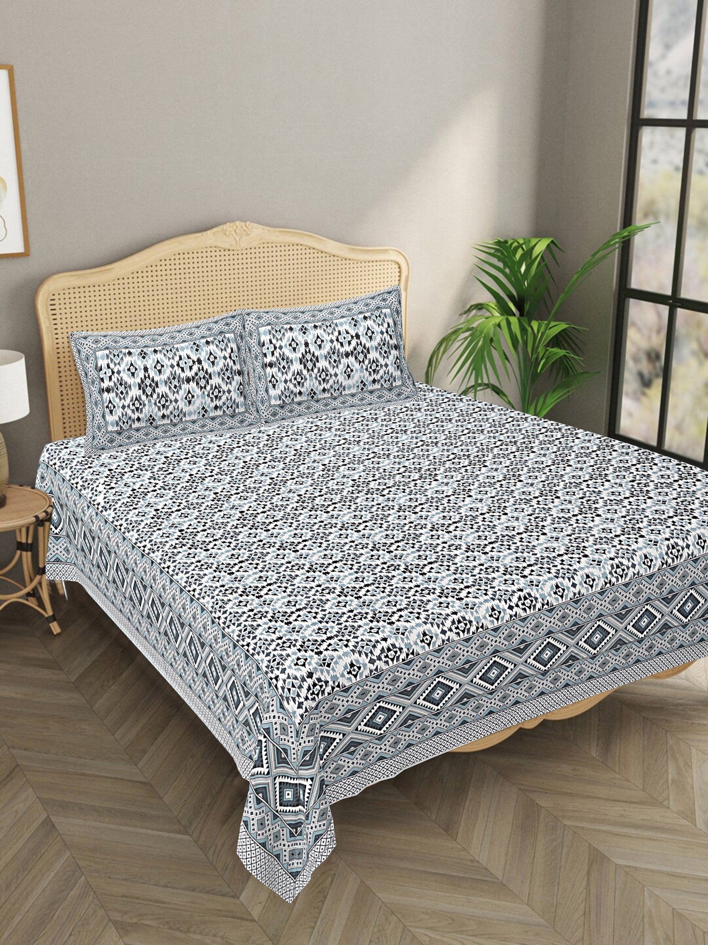 Ikat Grey - Handblock Printed Bedsheet