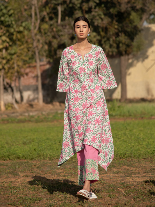 White Gardenia Kurta Set- White Pink Hand Block Printed Cotton Assymetrical Kurta With Pink Pants