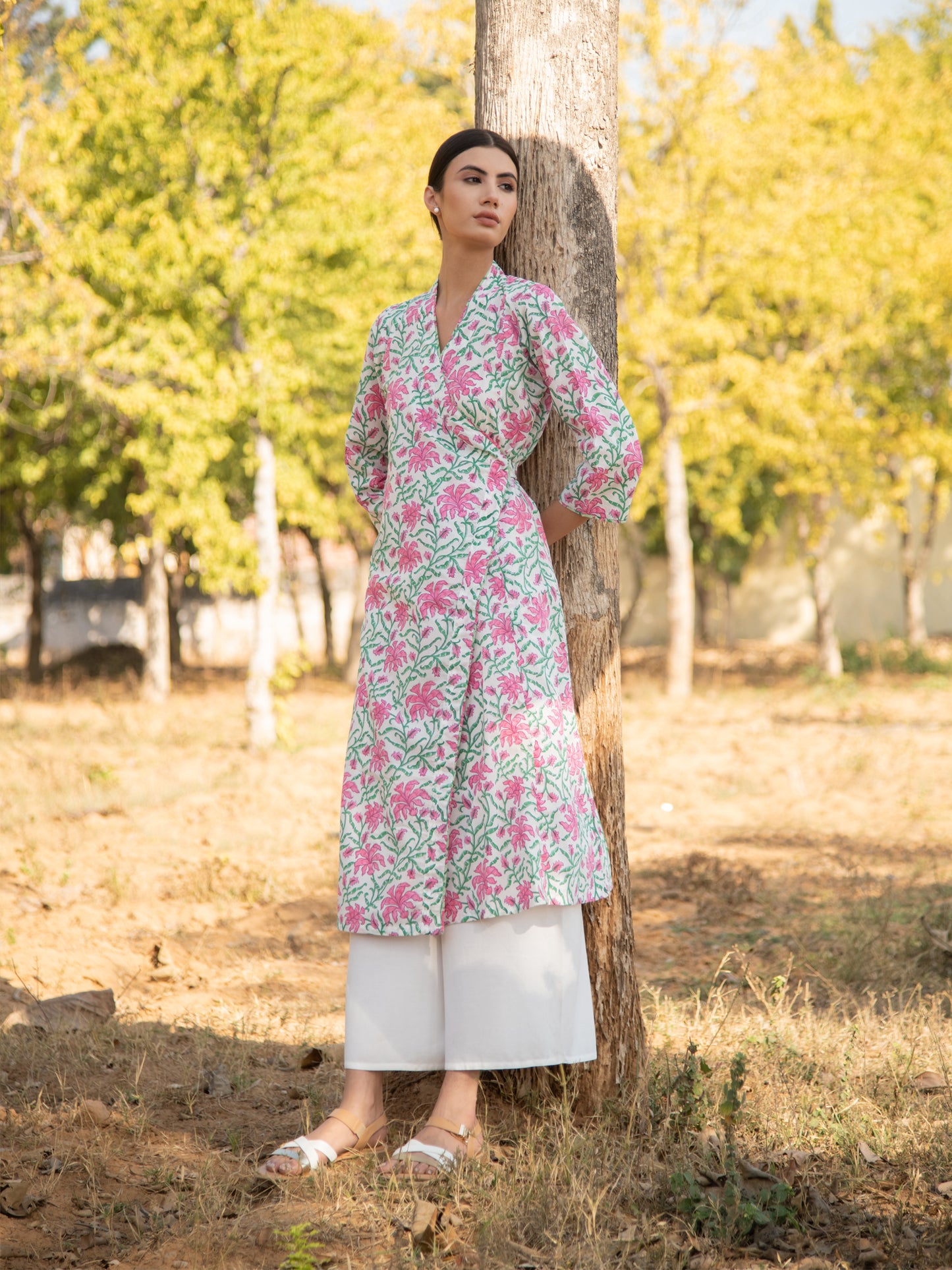 White Gardenia Wrap Dress - White Pink Hand Block Printed Cotton Wrap Dress