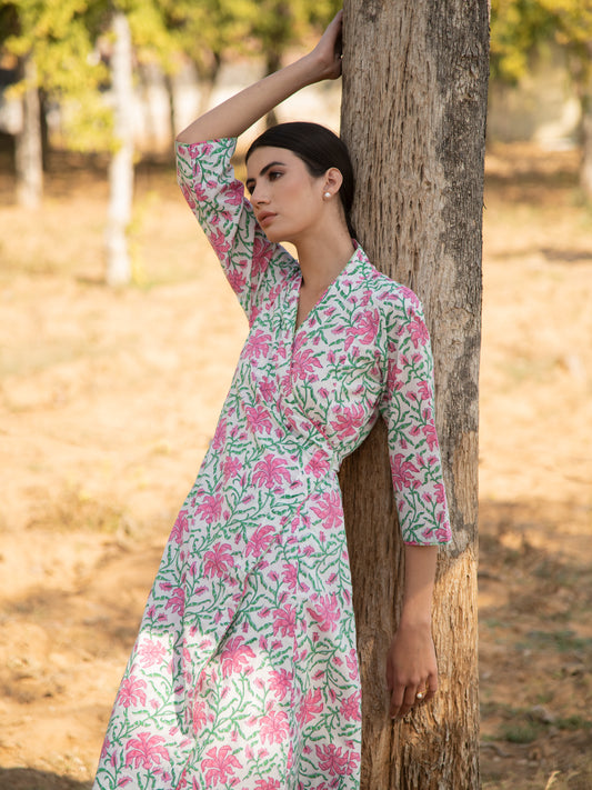 White Gardenia Wrap Dress - White Pink Hand Block Printed Cotton Wrap Dress